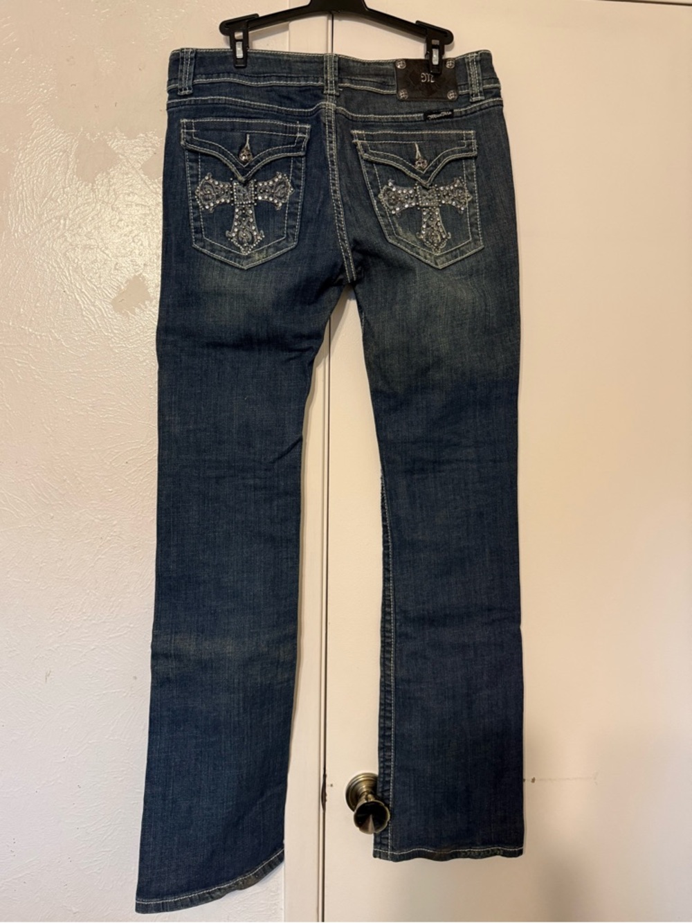 Women's Dark Blue Boot Cut Jeans with Embellished Back Pockets